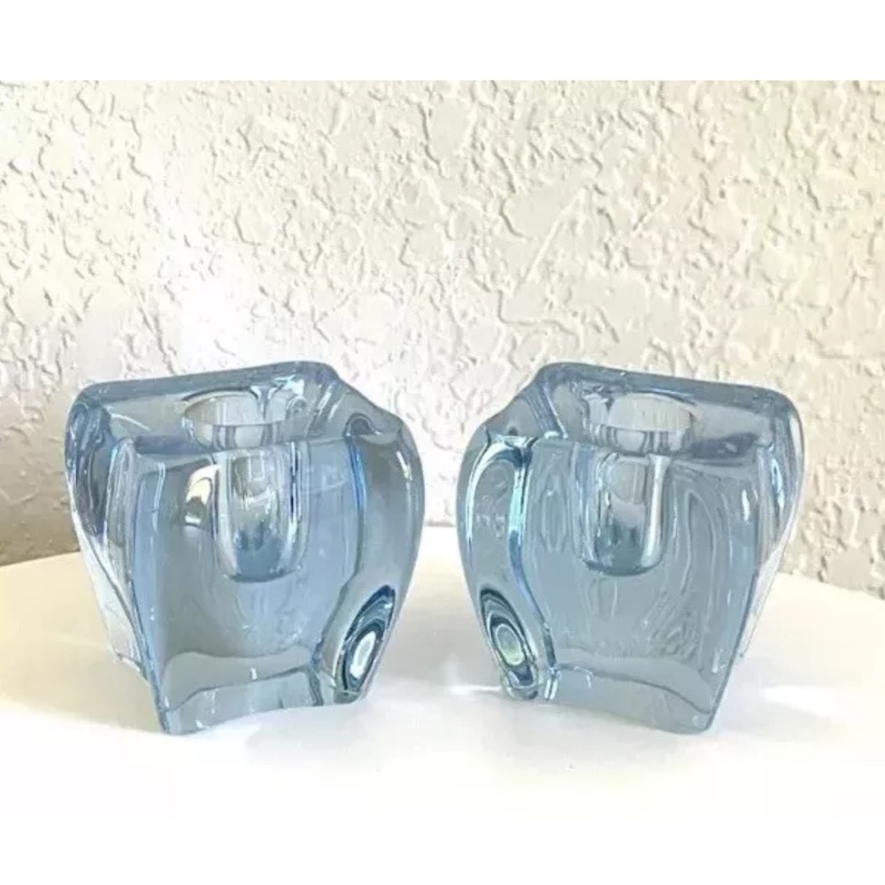 Skruf Sweden Blue Art Glass Candle Holders Heavy Set Of 2.